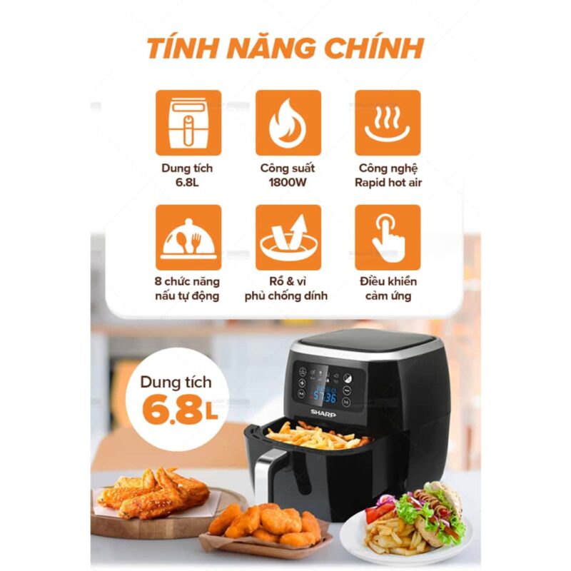 Nồi chiên không dầu Sharp KF-AF68EPV-BK 6.8 lít Nồi chiên không dầu Sharp KF-AF68EPV-BK 6.8