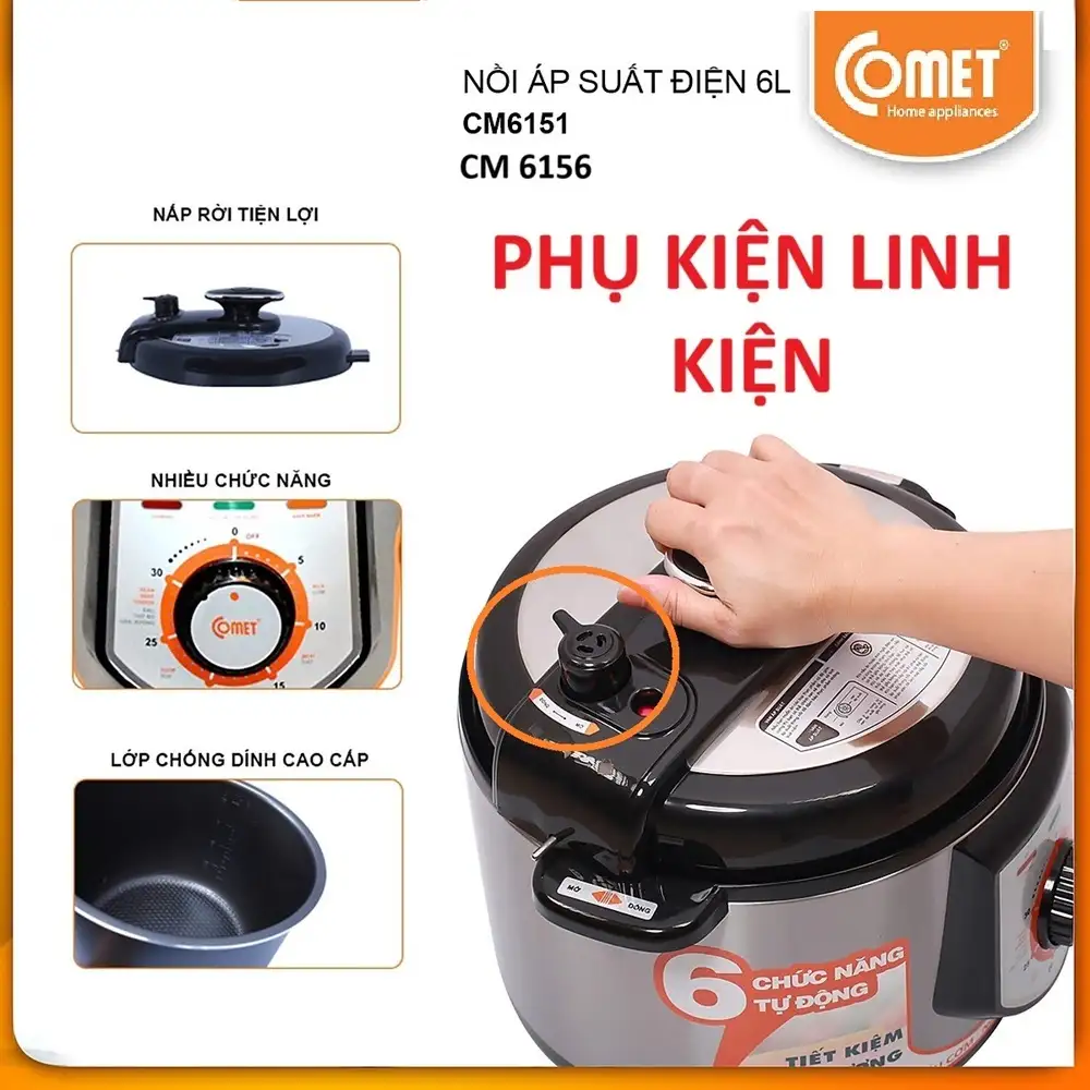 Phụ kiện nồi áp suất Comet CM6156 CM6151 6 lít van xả chính, gioăng ron nắp, van phụ Chính hãng Phụ kiện nồi áp suất Comet CM6156 CM6151 6 lít