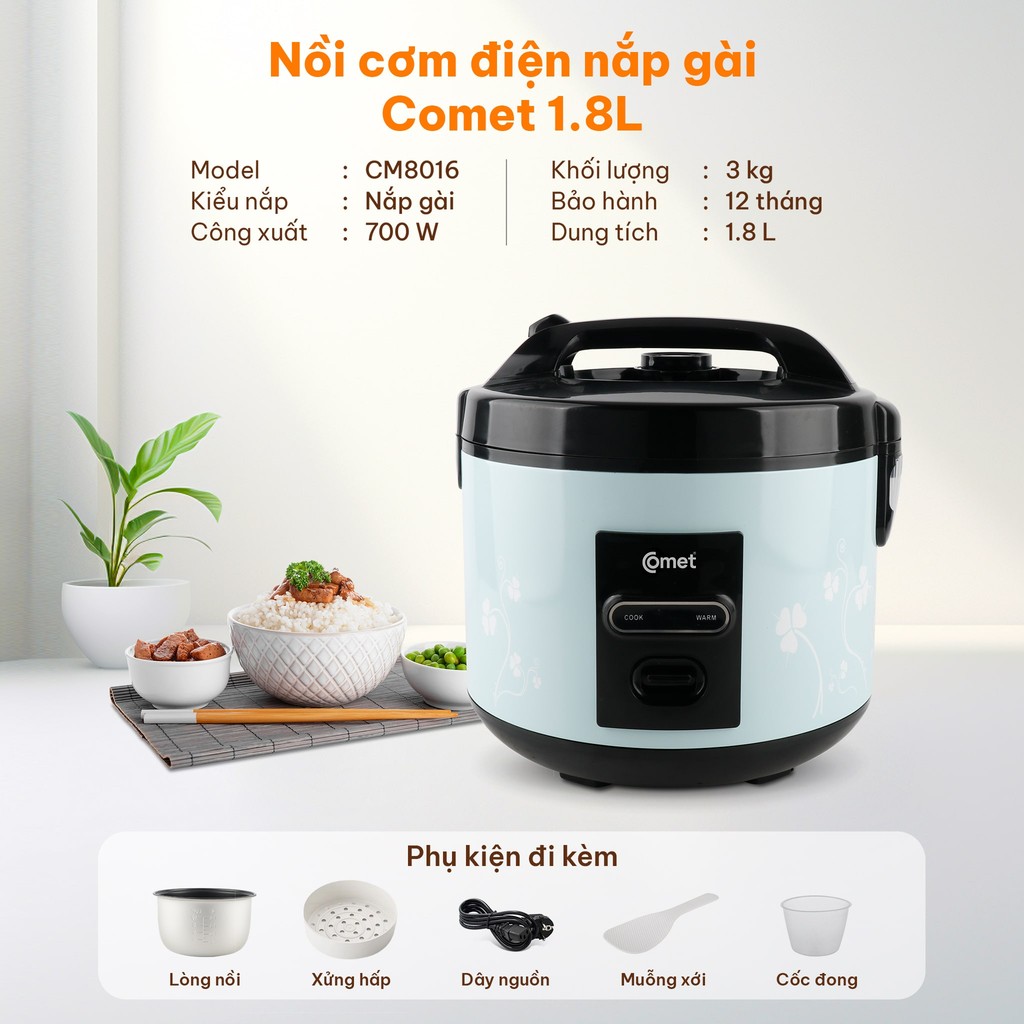 Nồi cơm điện nắp cài 1,8L COMET - CM8016