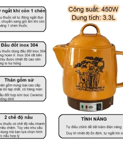 Siêu thuốc 3.3L Ladomax HA-8833 thân gốm sứ tráng men tự động ngắt khi sắc thuốc còn 1 chén