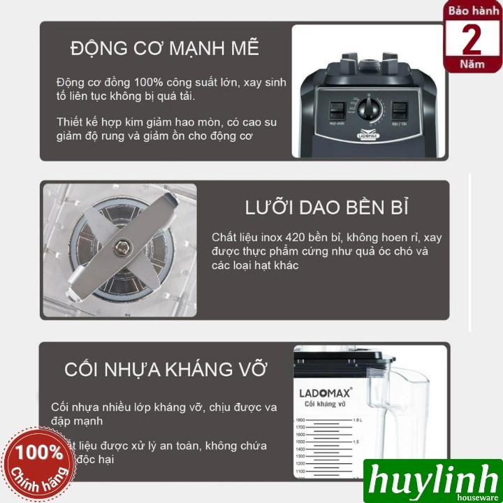 Máy xay sinh tố công nghiệp Ladomax HA-9116 - 2680W - dung tích 1.8 lít - Có hẹn giờ 35s - 60s - 90s