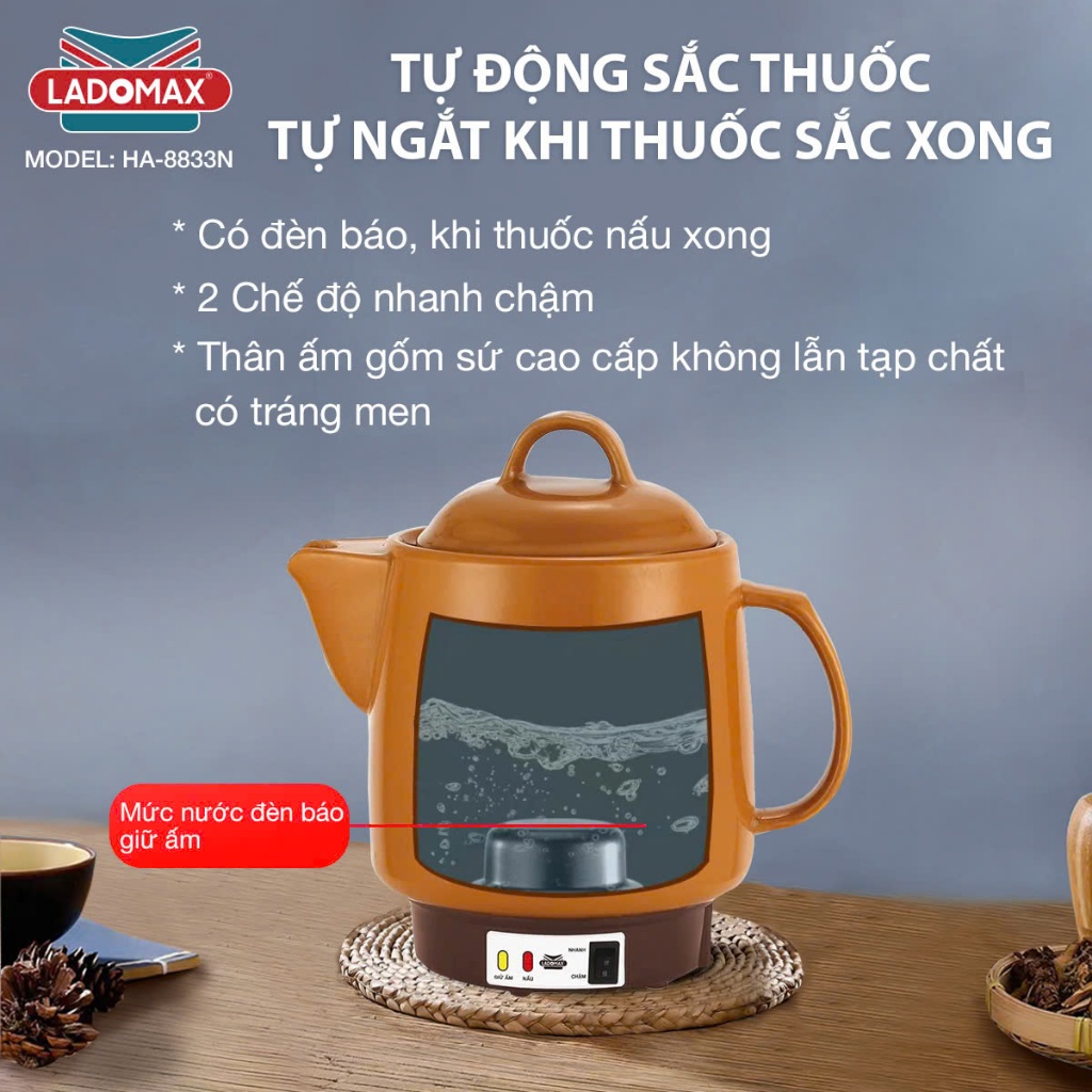 Ấm Sắc Thuốc LADOMAX HA- 8833N 3.3L Mâm Nhiệt Inox Giữ Ấm 2 Chế Độ Nấu