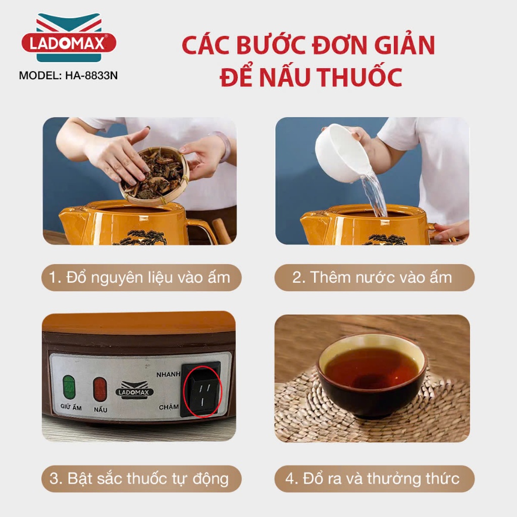 Ấm Sắc Thuốc LADOMAX HA- 8833N 3.3L Mâm Nhiệt Inox Giữ Ấm 2 Chế Độ Nấu