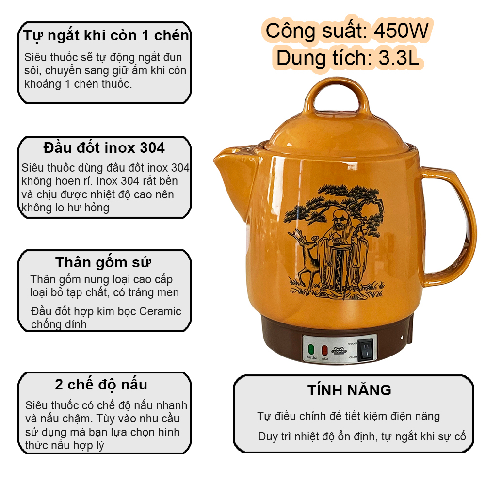 Siêu thuốc 3.3L Ladomax HA-8833 thân gốm sứ tráng men tự động ngắt khi sắc thuốc còn 1 chén