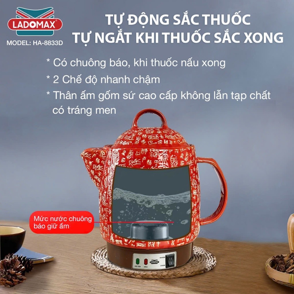 Ấm Sắc Thuốc LADOMAX HA- 8833D 3,3L Có Chuông Báo Mâm Nhiệt Inox Giữ Ấm 2 Chế Độ Nấu