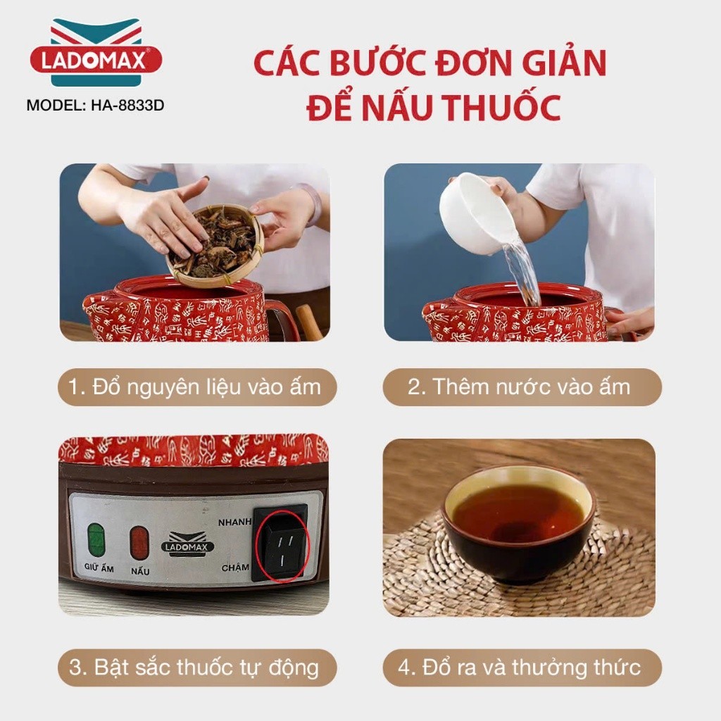 Ấm Sắc Thuốc LADOMAX HA- 8833D 3,3L Có Chuông Báo Mâm Nhiệt Inox Giữ Ấm 2 Chế Độ Nấu