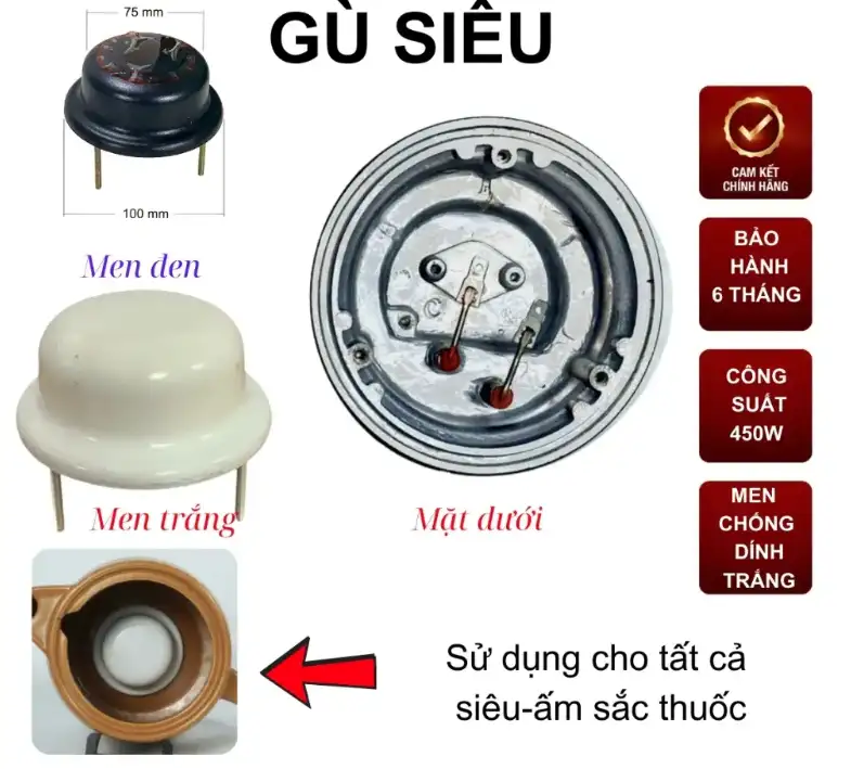Bộ Sinh Nhiệt Gù Siêu Sắc Thuốc Gang Đúc Phủ Men Điện Trở 450W Thay Thế Chuẩn Bộ Sinh Nhiệt Gù Siêu Sắc Thuốc Gang Đúc Phủ Men Điện Trở 450W Thay Thế Chuẩn
