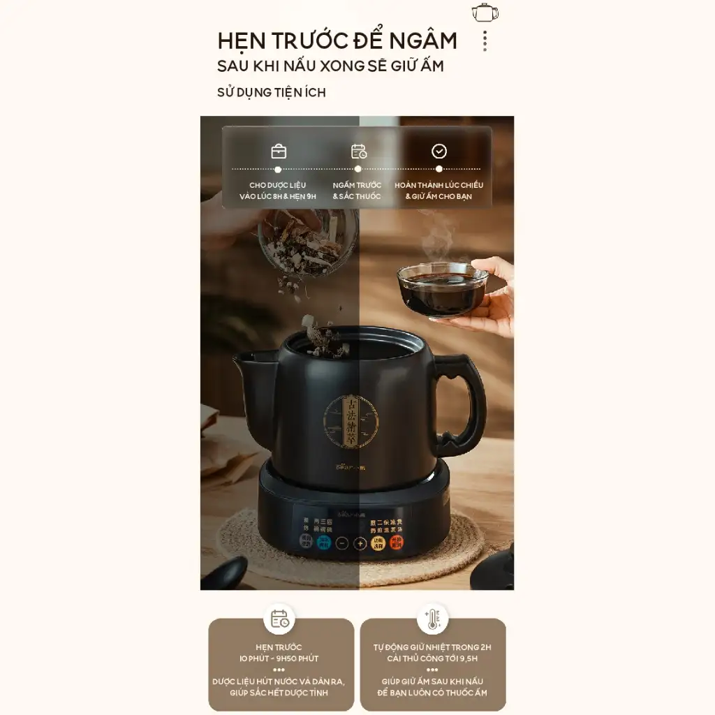Ấm sắc thuốc bằng điện 3 lít đa năng Bear JYH-D30Z1 800W Ấm gốm Đế rời Giữ ấm Hẹn giờ Ấm sắc thuốc bằng điện 3 lít đa năng Bear JYH-D30Z1 800W Ấm gốm Đế rời Giữ ấm Hẹn giờ - Ảnh 9