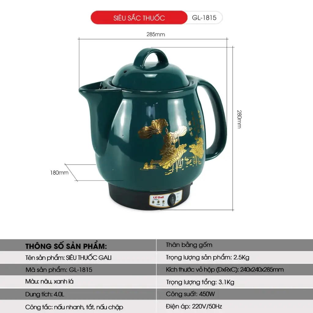 Ấm sắc thuốc gốm Gali GL-1815 4 lít