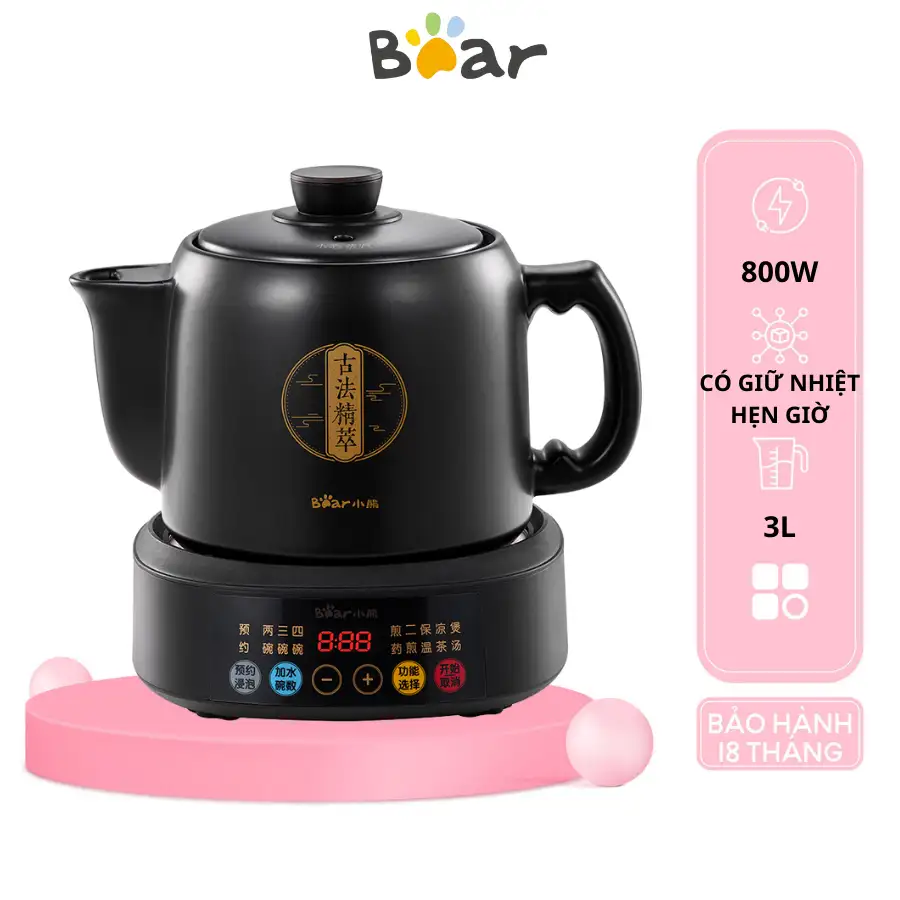 Ấm sắc thuốc bằng điện 3 lít đa năng Bear JYH-D30Z1 800W Ấm gốm Đế rời Giữ ấm Hẹn giờ Ấm sắc thuốc bằng điện 3 lít đa năng Bear JYH-D30Z1