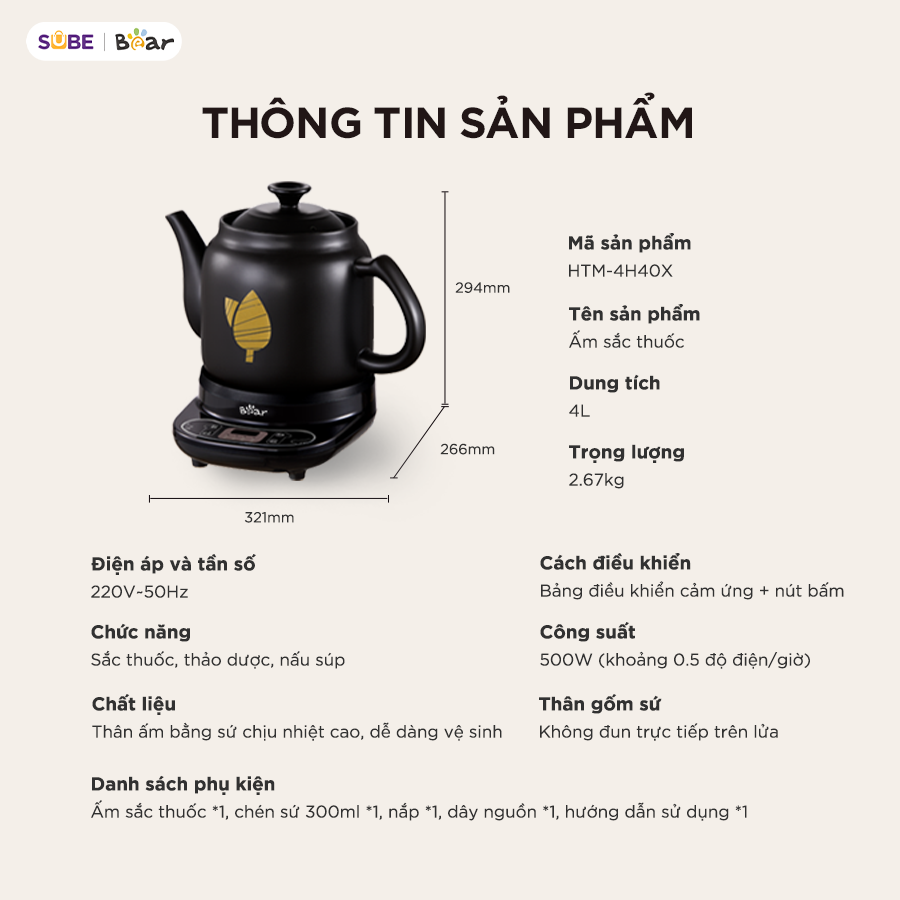 Ấm Sắc Thuốc Bear 4.0L Ấm Sắc Thuốc Bằng Điện Gốm Sứ Chịu Nhiệt Bình Đun Nước Pha Trà Ấm Sắc Thuốc Điện HTM-4H40X