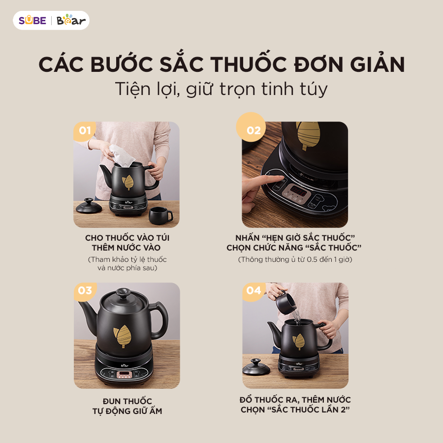 Ấm Sắc Thuốc Bear 4.0L Ấm Sắc Thuốc Bằng Điện Gốm Sứ Chịu Nhiệt Bình Đun Nước Pha Trà Ấm Sắc Thuốc Điện HTM-4H40X