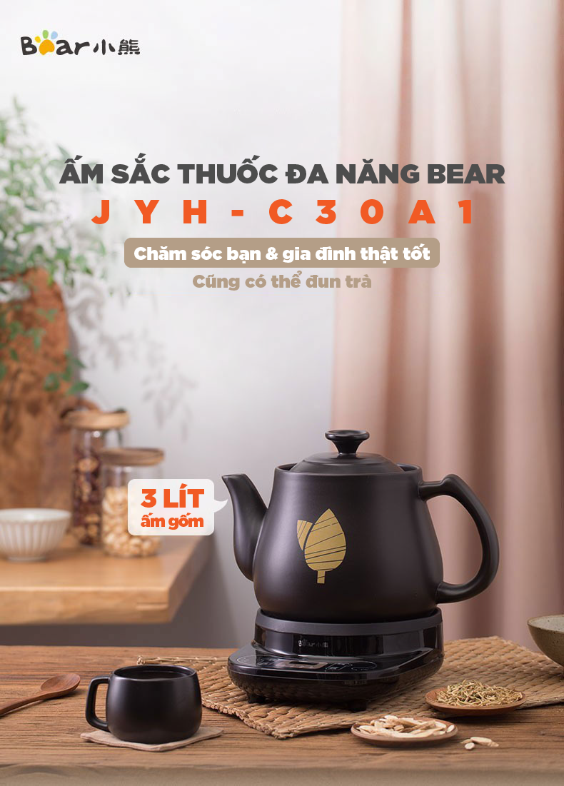 Ấm sắc thuốc 3L đa năng Bear JYH-C30A1 Công suất 500W Giữ Ấm Hẹn Giờ Làm Bằng Gốm Sứ