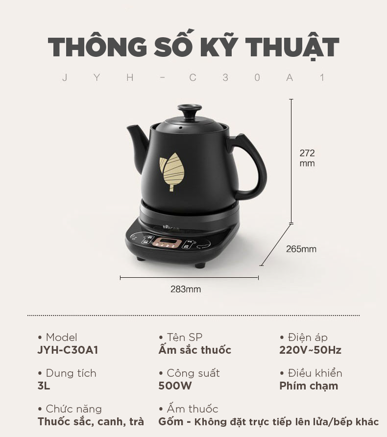 Ấm sắc thuốc 3L đa năng Bear JYH-C30A1 Công suất 500W Giữ Ấm Hẹn Giờ Làm Bằng Gốm Sứ