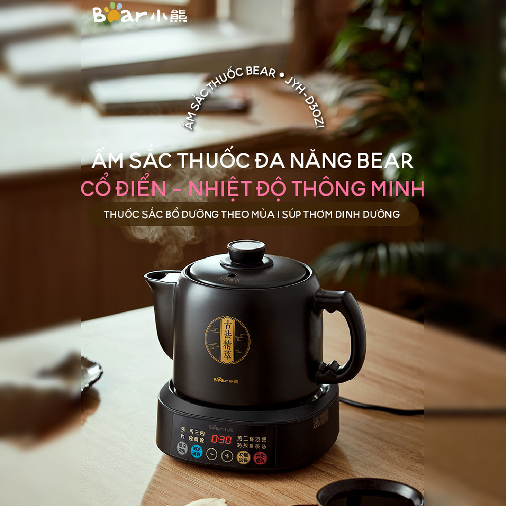 Ấm sắc thuốc bằng điện 3 lít đa năng Bear JYH-D30Z1 800W Ấm gốm Đế rời Giữ ấm Hẹn giờ Ấm sắc thuốc bằng điện 3 lít đa năng Bear JYH-D30Z1