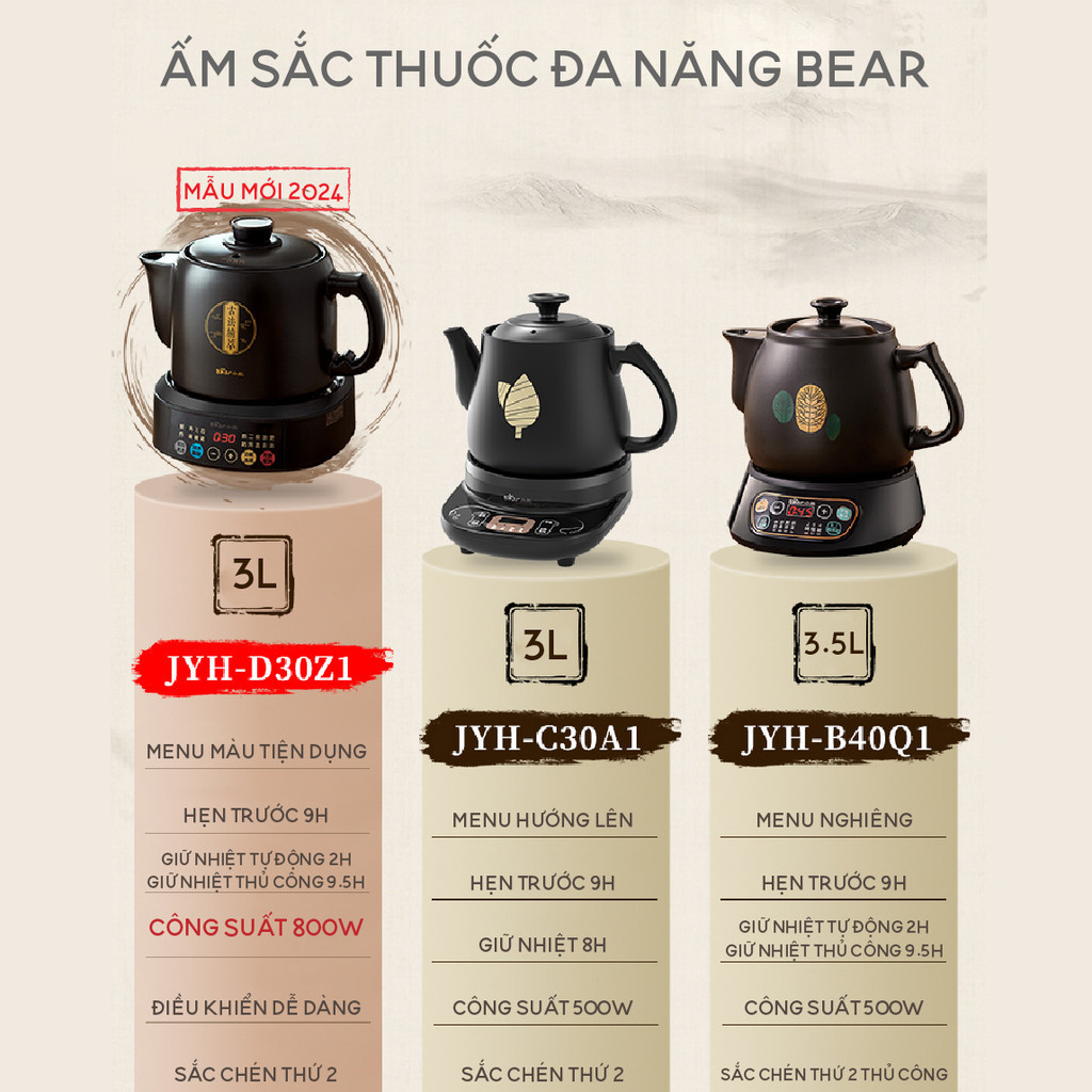 Ấm sắc thuốc bằng điện 3 lít đa năng Bear JYH-D30Z1 800W Ấm gốm Đế rời Giữ ấm Hẹn giờ Ấm sắc thuốc bằng điện 3 lít đa năng Bear JYH-D30Z1 800W Ấm gốm Đế rời Giữ ấm Hẹn giờ