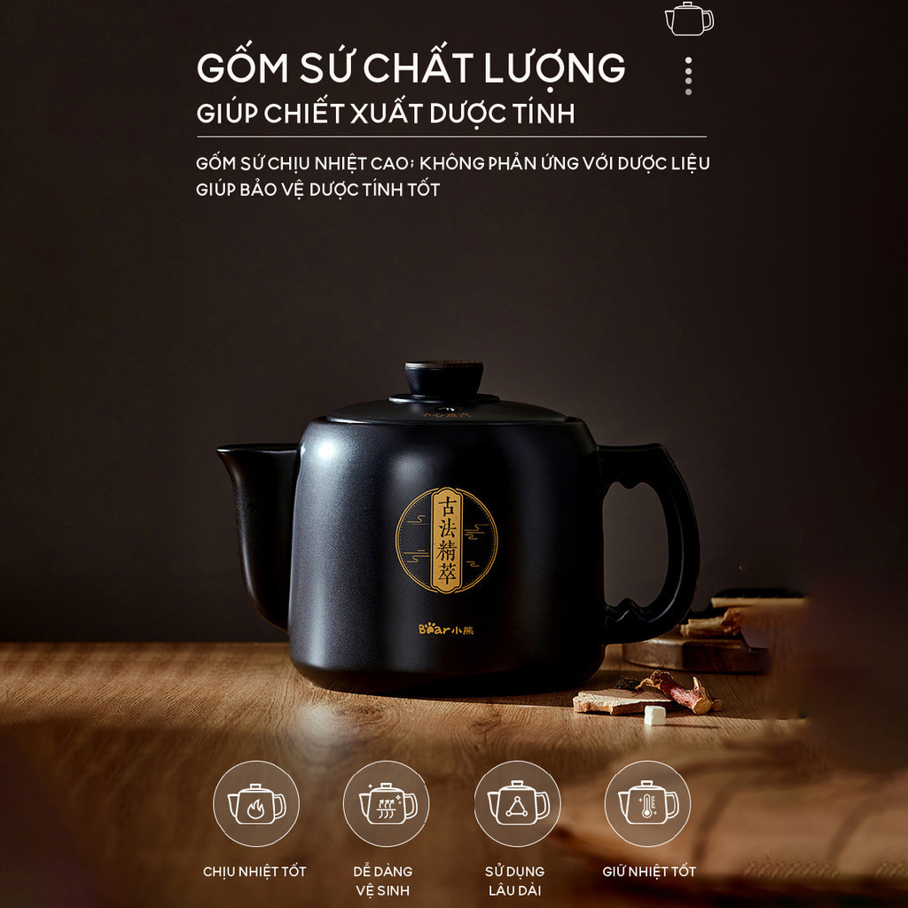Ấm sắc thuốc bằng điện 3 lít đa năng Bear JYH-D30Z1 800W Ấm gốm Đế rời Giữ ấm Hẹn giờ Ấm sắc thuốc bằng điện 3 lít đa năng Bear JYH-D30Z1 800W Ấm gốm Đế rời Giữ ấm Hẹn giờ