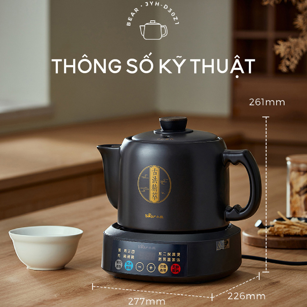 Ấm sắc thuốc bằng điện 3 lít đa năng Bear JYH-D30Z1 800W Ấm gốm Đế rời Giữ ấm Hẹn giờ Ấm sắc thuốc bằng điện 3 lít đa năng Bear JYH-D30Z1 800W Ấm gốm Đế rời Giữ ấm Hẹn giờ