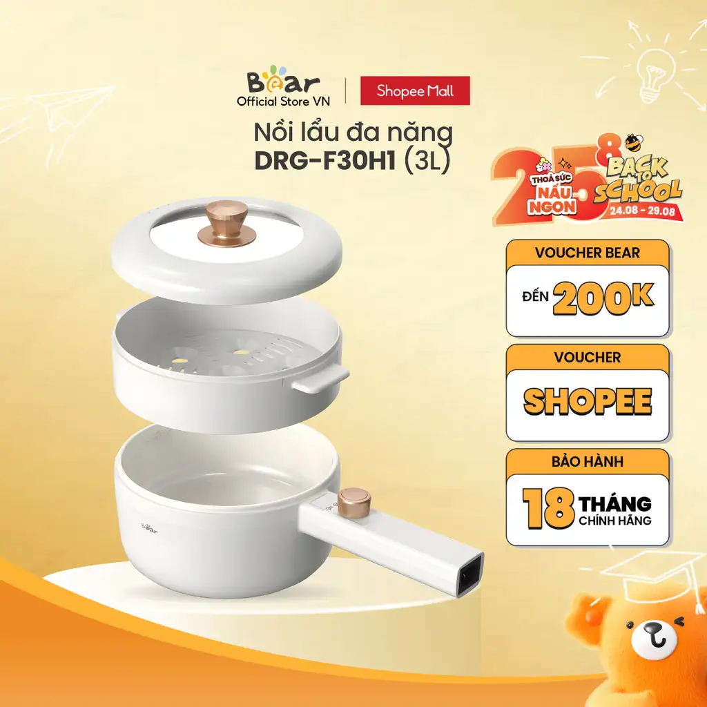 [Livestream] Nồi nấu điện đa năng 3L Bear DRG-F30H1 (kèm xửng hấp) - Hàng Chính Hãng
