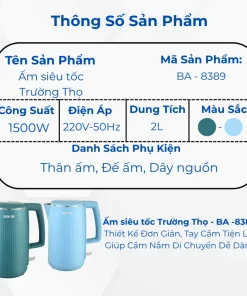 Alternative view of Ấm siêu tốc Trường Thọ BA-8389 2 lít 2 lớp lòng đúc inox 304 nguyên khối cao cấp