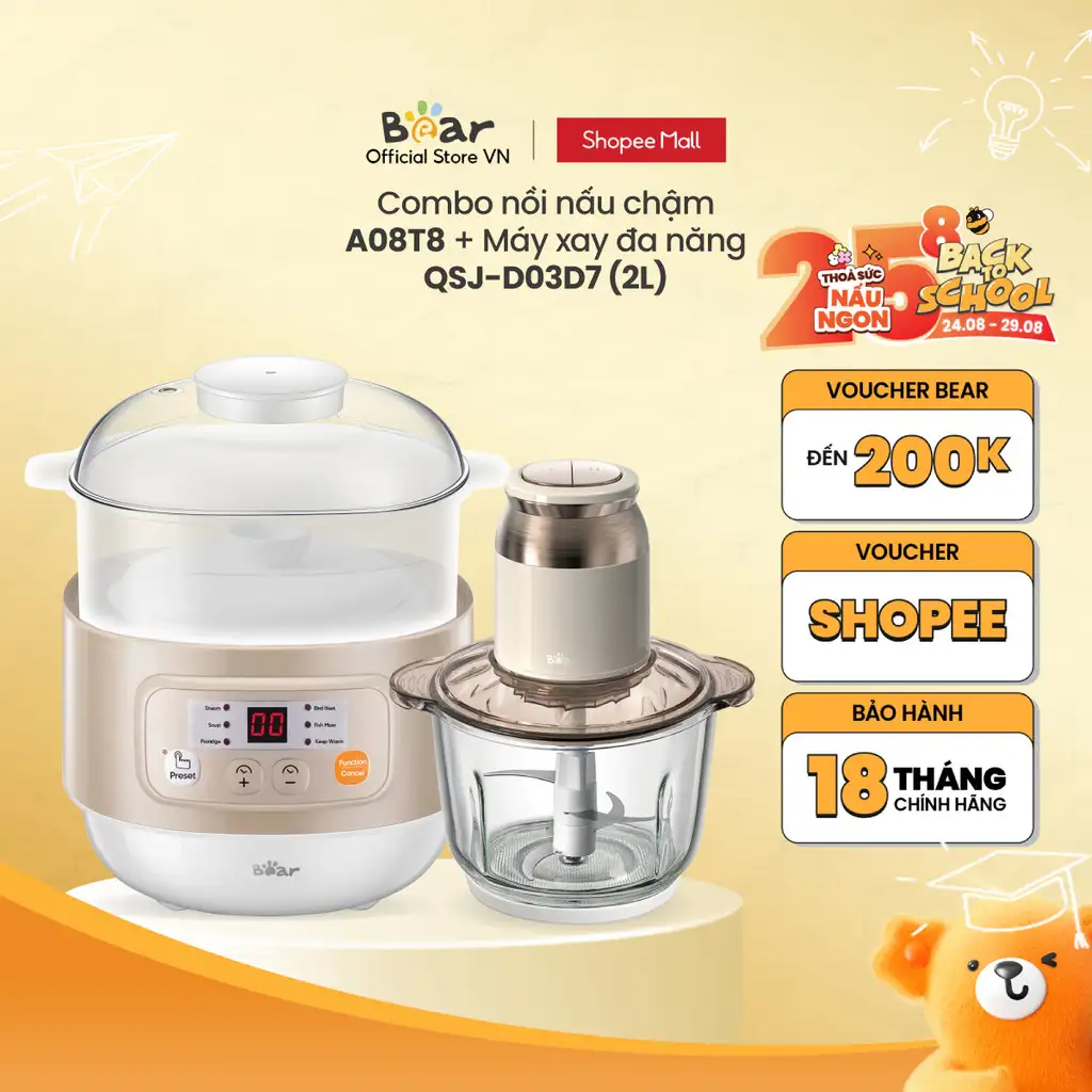 Combo Nồi Nấu Chậm 0.8L DDZ-A08T8 và Máy Xay Thực Phẩm 2L QSJ-D03D7 - Hàng Chính Hãng