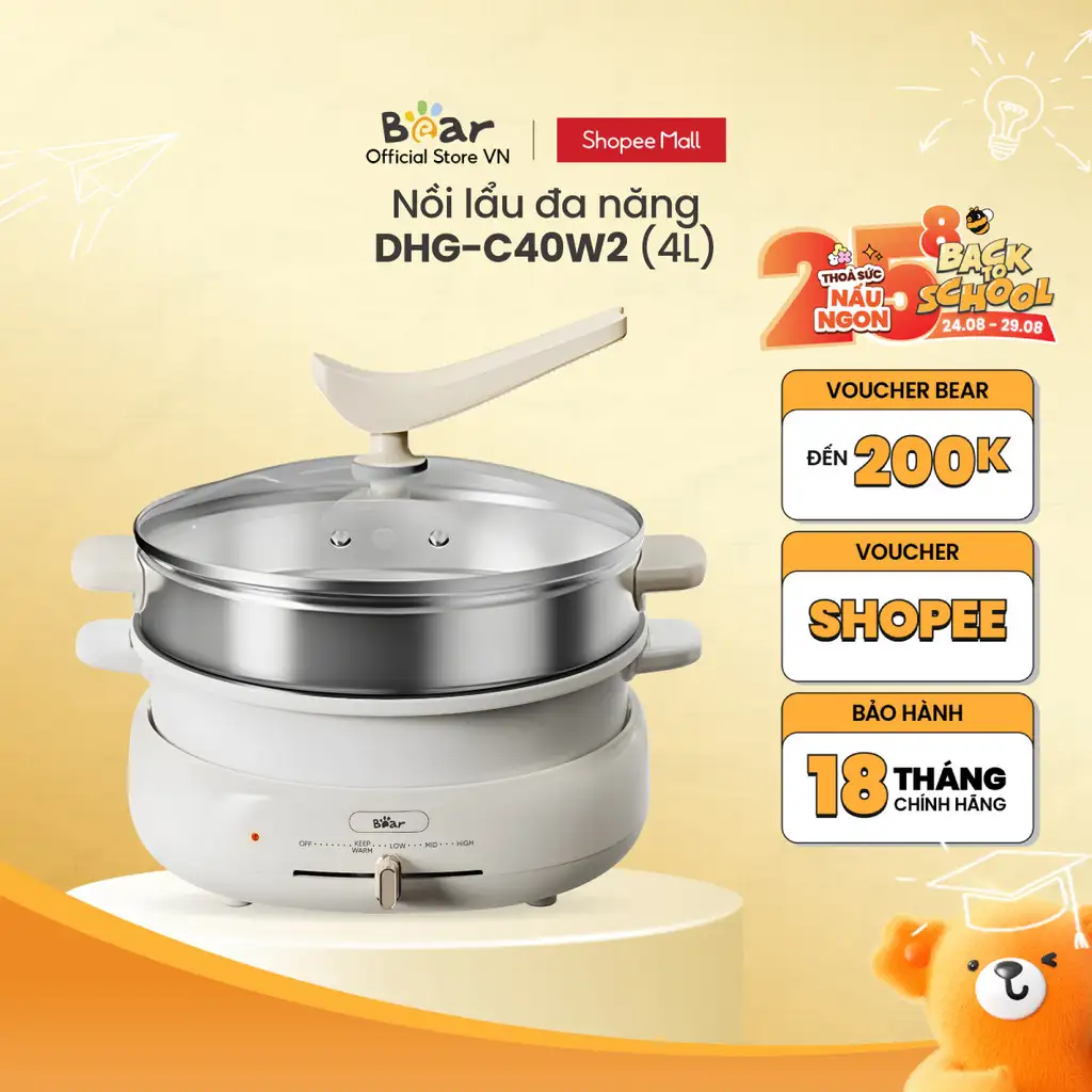 [Livestream] Bộ Nồi Lẩu Nướng Bear 3 khay 3in1 DHG-C40W2 - Hàng Chính Hãng-BH 18 Tháng