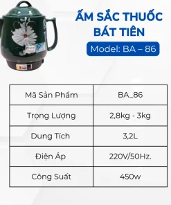 Ấm Sắc Thuốc Tự Động Bát Tiên 3.2 lít BA-2086 Bằng Gốm Bát Tràng Cao Cấp