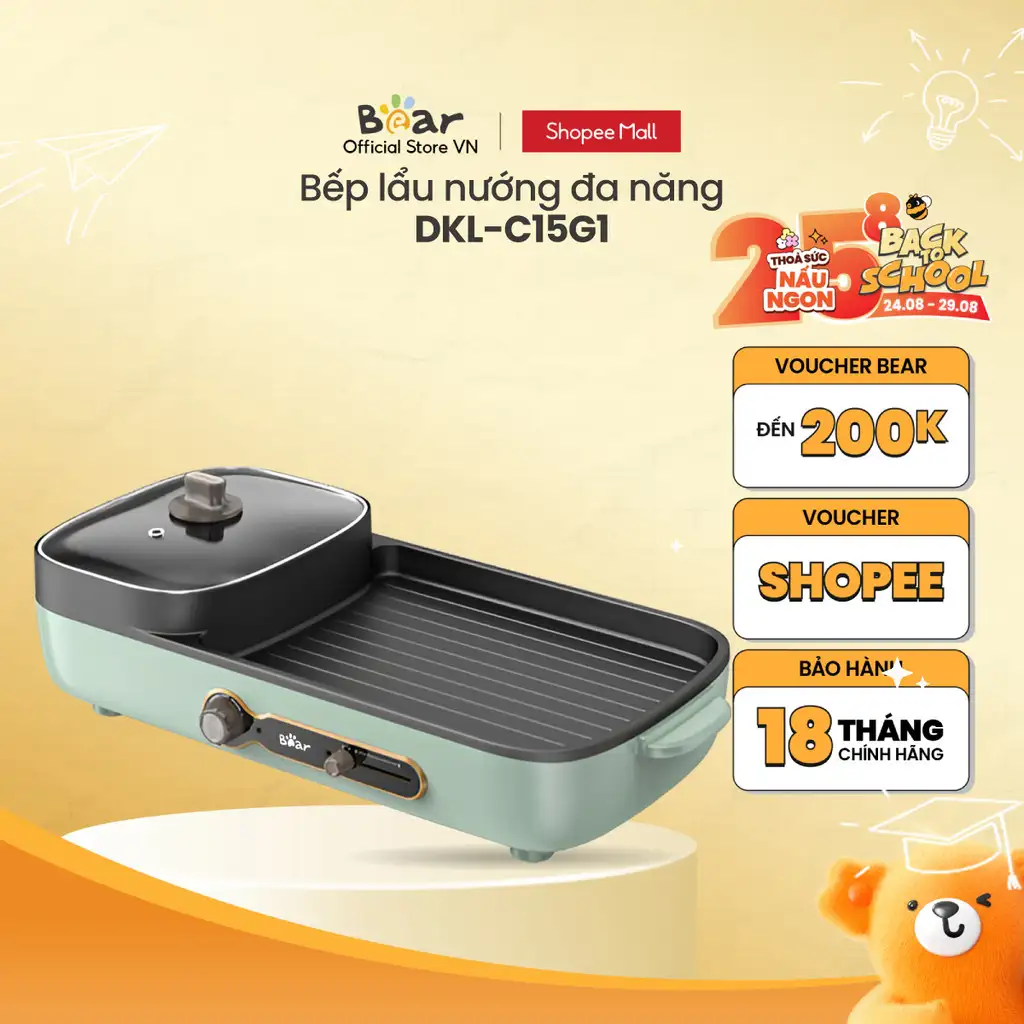 Bếp Nướng Lẩu Điện 3L Đa Năng 2in1 Bear DKL-C15G1 - Chính Hãng - BH 18 Tháng Bếp Nướng Lẩu Điện 3L Đa Năng 2in1 Bear DKL-C15G1 - Chính Hãng - BH 18 Tháng
