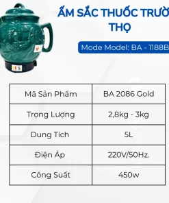 Alternative view of Ấm sắc thuốc Tự Động Trường Thọ 5L BA-1188B Gốm Bát Tràng Cao Cấp