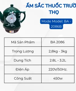 Alternative view of Ấm sắc thuốc Tự Động Trường Thọ 2.8L BA-2086 Gốm Bát Tràng Cao Cấp