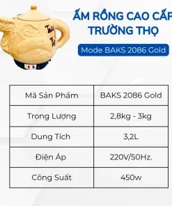 Alternative view of Ấm Sắc Thuốc Tự Động Rồng Vàng BA-2086 Gold 3.2L Có Chuông Báo Gốm Bát Tràng Cao Cấp