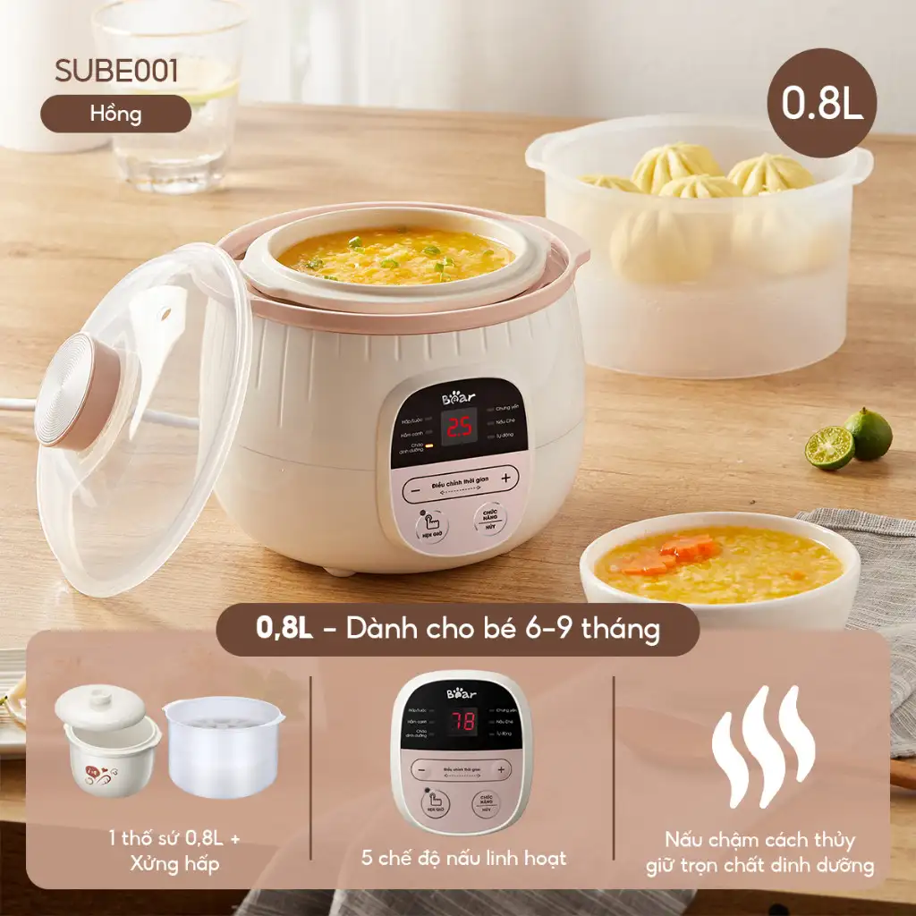 Nồi Nấu Cháo Chậm Bear 0,8L