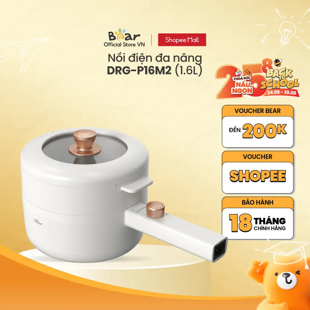 Nồi điện đa năng 1.6L Bear P16M2/ E15P2 (kèm khay hấp) - Chính hãng - BH 18 tháng