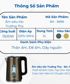 Alternative view of Ấm siêu tốc Trường Thọ BA-8686 2 lít 2 lớp lòng Inox 304
