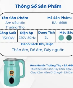 Alternative view of Ấm Siêu Tốc Trường Thọ BA-8388 2 lít Inox 304 2 lớp chống nóng