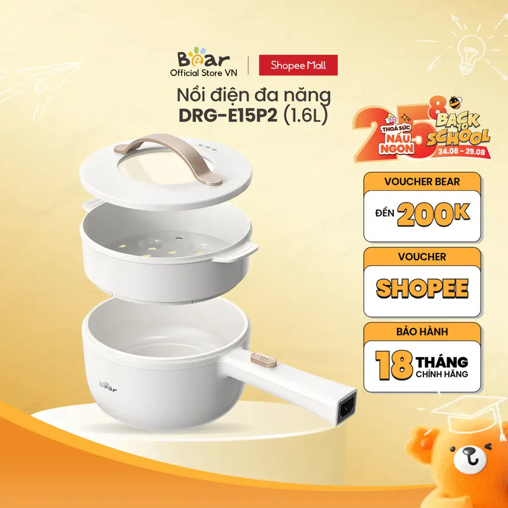 Nồi nấu đa năng 1.6L Bear DRG-E15P2 800W (kèm xửng hấp) - Hàng Chính Hãng Nồi nấu đa năng 1.6L Bear DRG-E15P2 800W (kèm xửng hấp) - Hàng Chính Hãng
