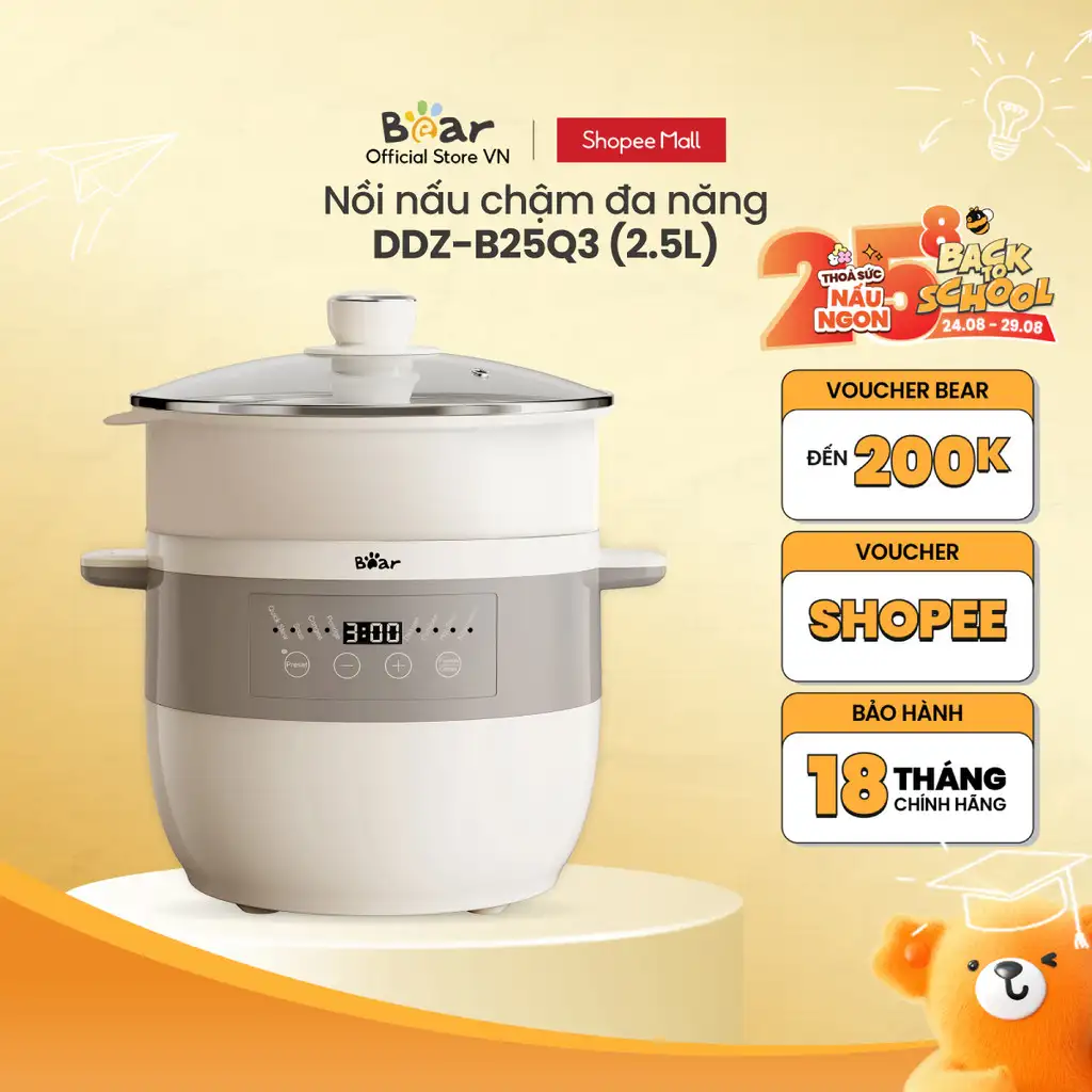 Nồi Nấu Chậm 2.5L Đa Năng Bear DDZ-B25Q3 (KÈM XỬNG HẤP) - Hàng Chính Hãng