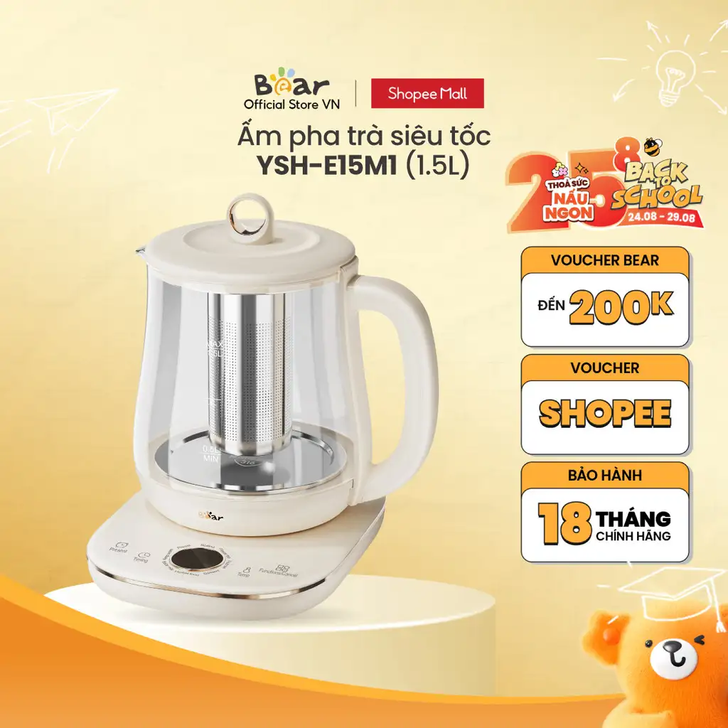 Ấm Đun Pha Trà 1.5L Siêu Tốc Bear YSH-E15M1 - Hàng Chính Hãng