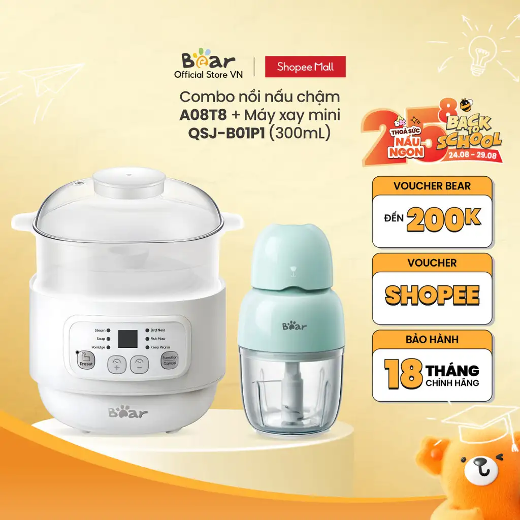 Combo Nồi Nấu Cháo Chậm 0.8L Bear DDZ-A08T8 Và Máy Xay Ăn Dặm Bear QSJ-B01P1 300ml