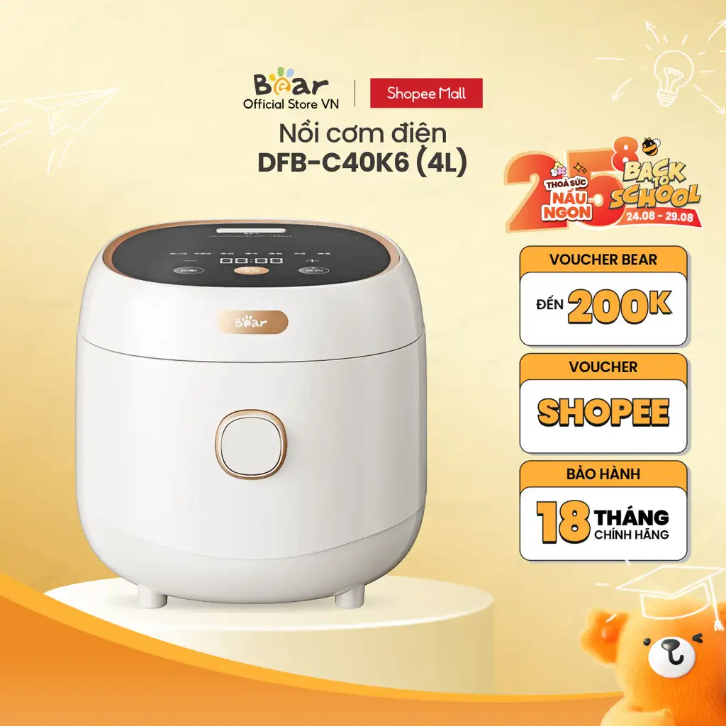 Nồi Cơm Điện 1.5L (lòng nồi 4L) Bear DFB-C40K6 - Hàng chính hãng -BH 18 tháng Nồi Cơm Điện 1.5L (lòng nồi 4L) Bear DFB-C40K6 - Hàng chính hãng -BH 18 tháng
