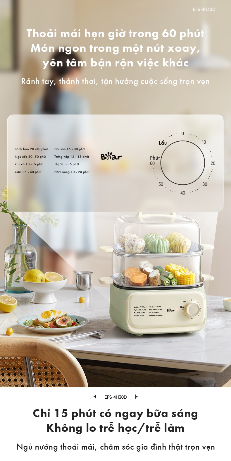 Nồi Hấp Thức Ăn 10.3L Bear EFS-4H30D - Hàng Chính Hãng