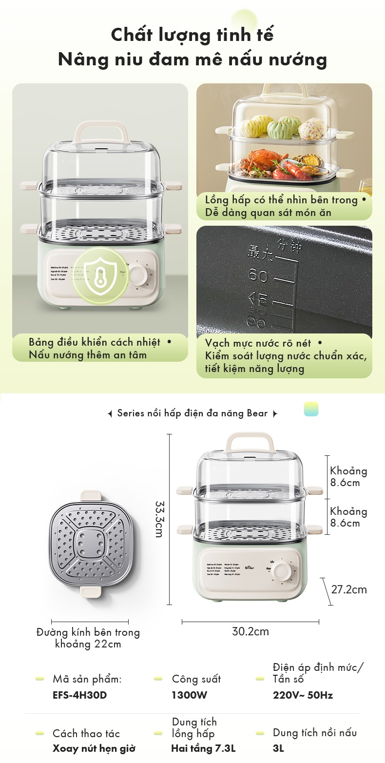 Nồi Hấp Thức Ăn 10.3L Bear EFS-4H30D - Hàng Chính Hãng