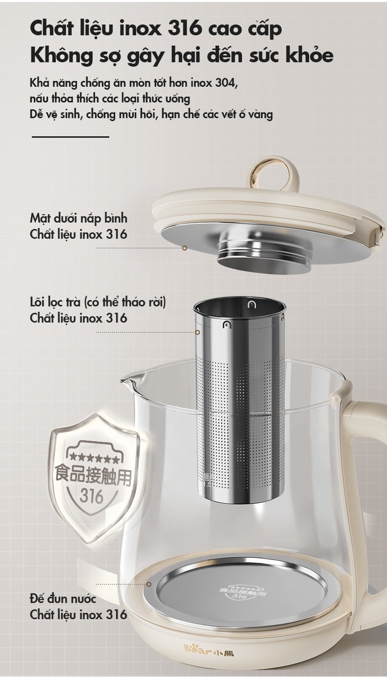 Ấm Đun Pha Trà 1.5L Siêu Tốc Bear YSH-E15M1 - Hàng Chính Hãng