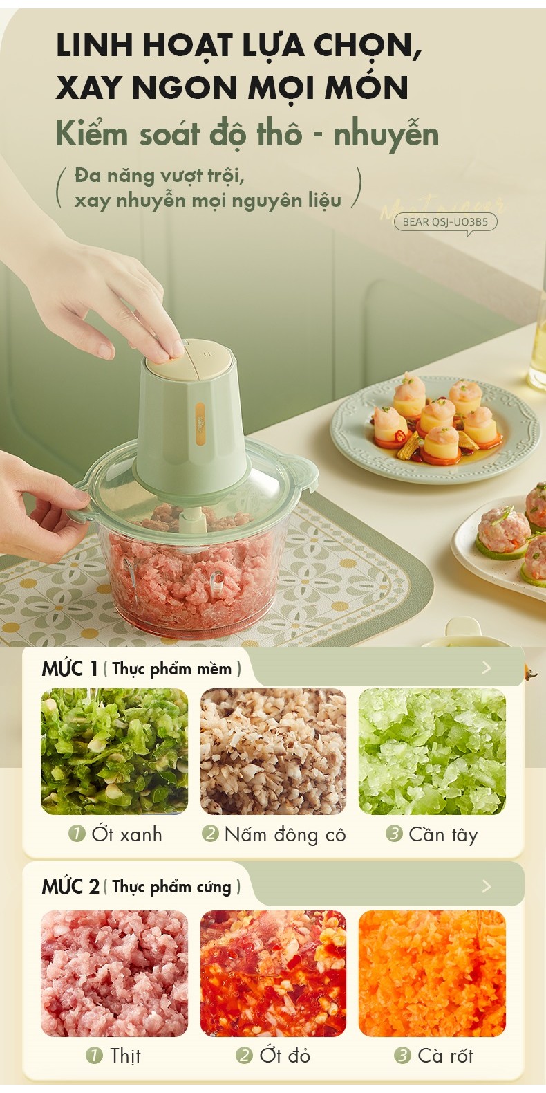[Tặng thêm 1 bộ lưỡi xay] Máy Xay Thực Phẩm Đa Năng 2L QSJ-U03B5 - Hàng Chính Hãng