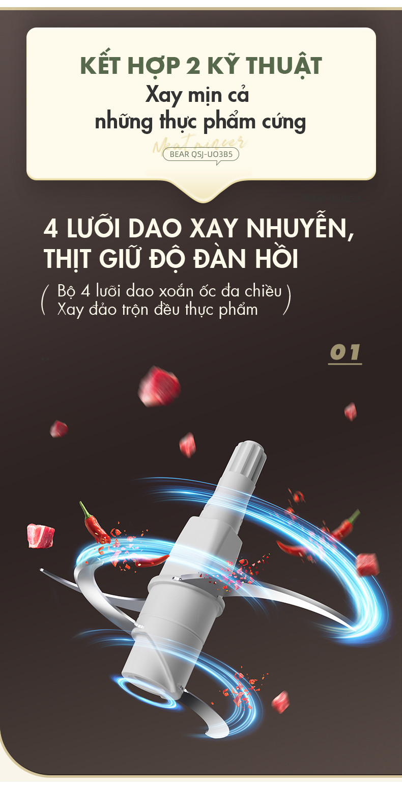 [Tặng thêm 1 bộ lưỡi xay] Máy Xay Thực Phẩm Đa Năng 2L QSJ-U03B5 - Hàng Chính Hãng