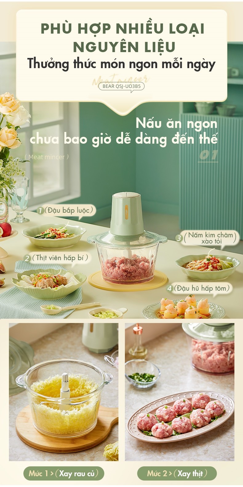 [Tặng thêm 1 bộ lưỡi xay] Máy Xay Thực Phẩm Đa Năng 2L QSJ-U03B5 - Hàng Chính Hãng