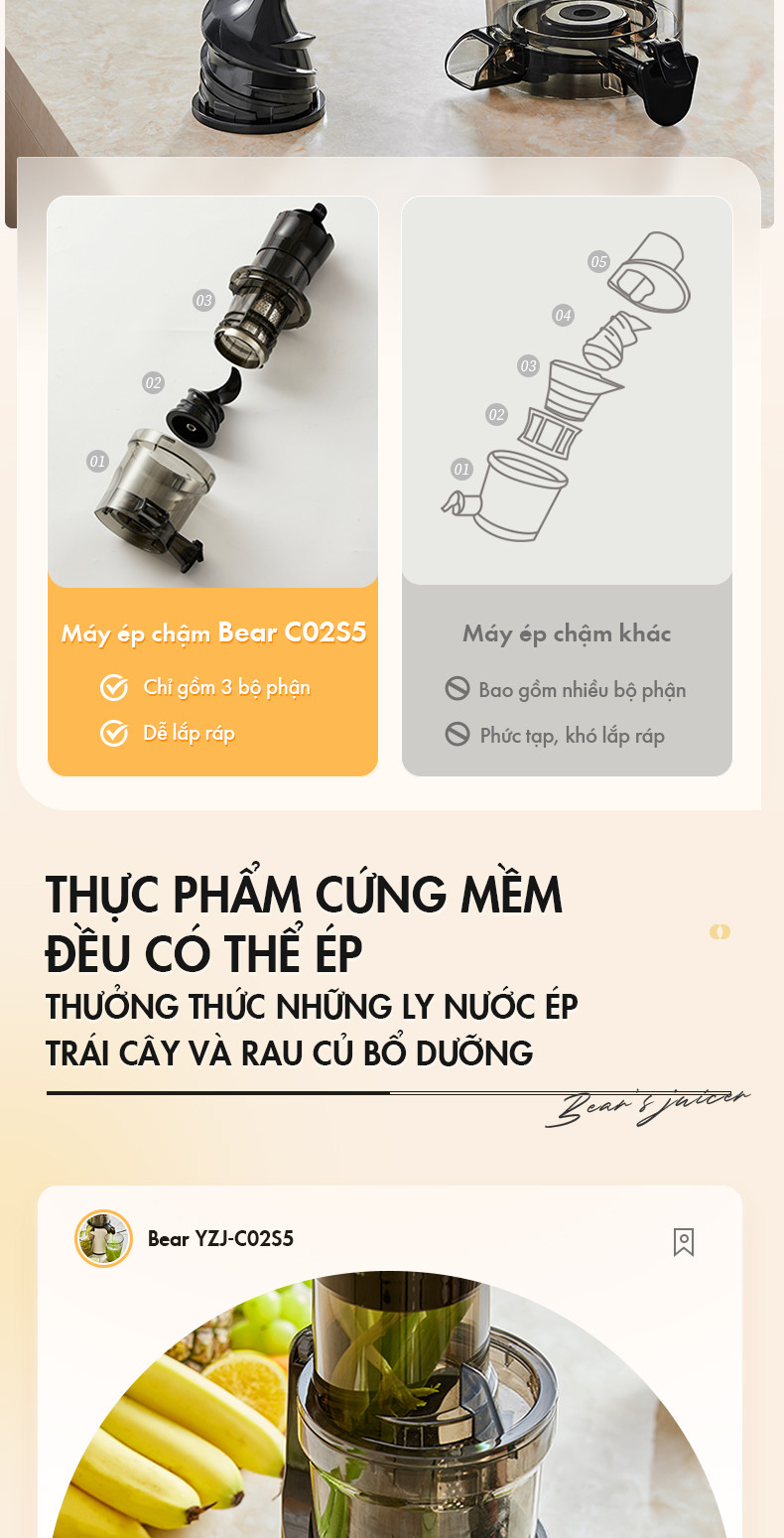 Máy ép chậm 200W Bear YZJ-C02S5 - Hàng Chính Hãng bản nội địa