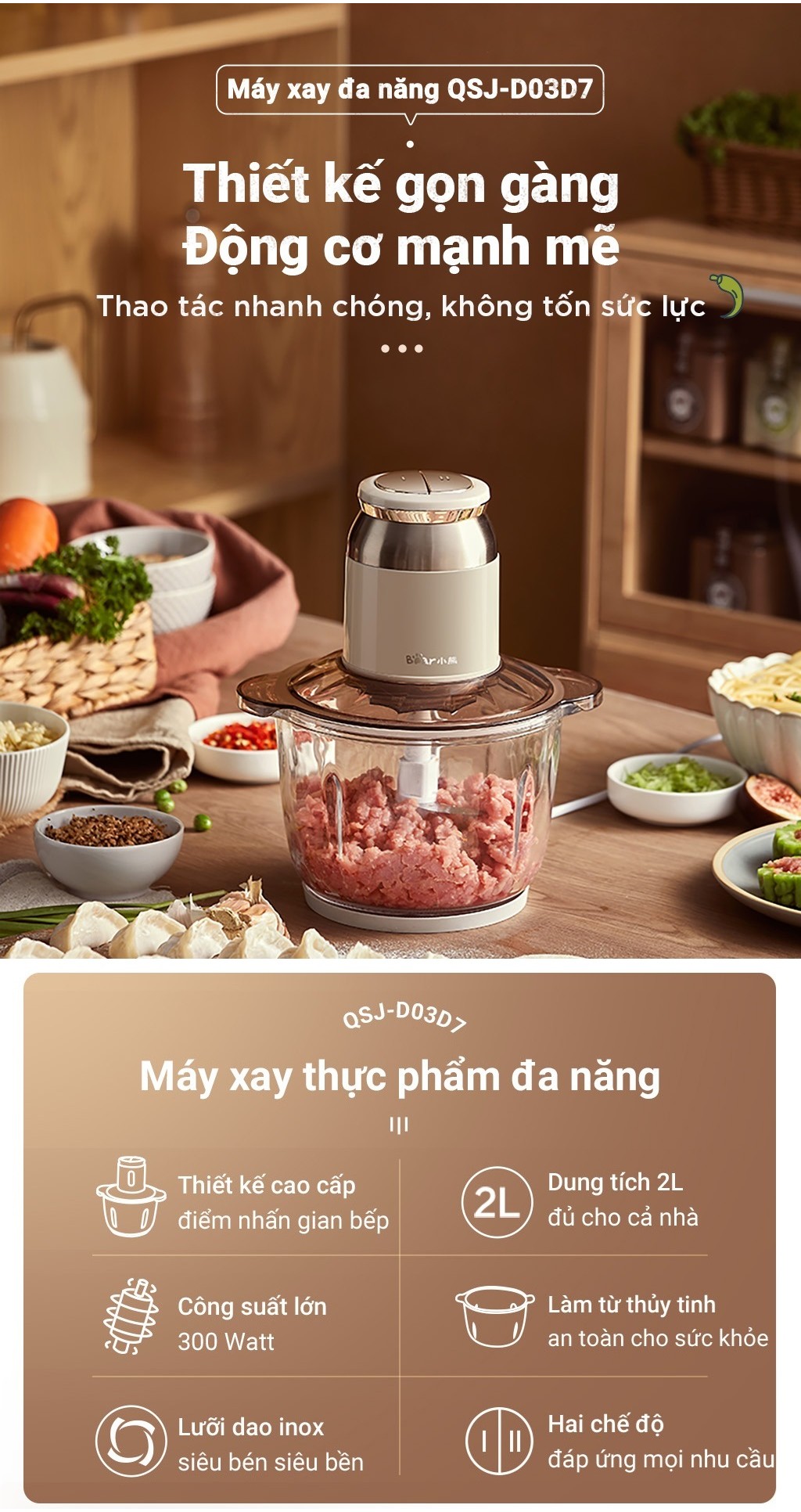 Máy xay thịt, thực phẩm 2L Bear QSJ-D03D7 - Hàng chính hãng BH 18 tháng