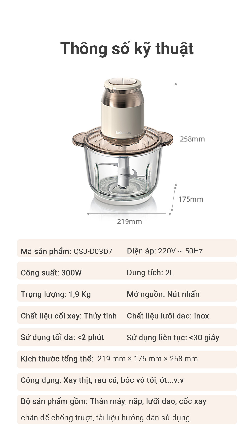 Máy xay thịt, thực phẩm 2L Bear QSJ-D03D7 - Hàng chính hãng BH 18 tháng