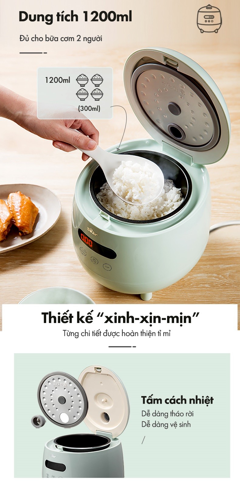 Nồi cơm điện MINI 0.3L (dung tích tổng 1.2L) Bear DFB-B12F1 - Hàng chính hãng